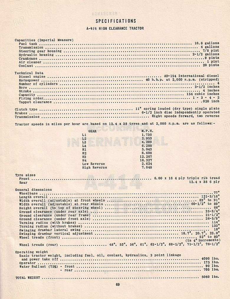 left & specifications for McCormick A414 tractor